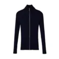 Jersey cárdigan de punto acanalado ajustado para mujer con cuello alto y cremallera azul marino. - S / Tops / Negro