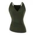 Dark green V-neck camisole with side ruching detail, sleeveless slim fit design shot. - S / Camisoles / Moss Green