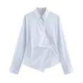 Details of the blue white striped long sleeve asymmetrical wrap front shirt with button closure. - S / Light Blue