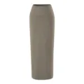 Grey high-waisted maxi skirt detail view, showing solid color slim fit straight design. - S / Skirts / Grey Coffee