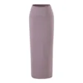 Detail view of a solid mauve high-waisted slim long pencil skirt, elegant minimalist wear. - S / Skirts / Lilac Purple