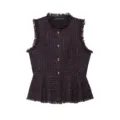 Women sleeveless tweed vest jacket with chic fringe trim, gold buttons and peplum hem. - XS / Black