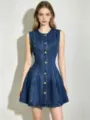 Vestido vaquero sin mangas de mujer botones dorados slim mini vestido elegante chic - M / Azul