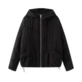 Black hooded quilted jacket with front zipper, casual loose fit and stylish vertical lines. - M / Black