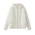 Detailed view of the off-white quilted hooded jacket with vertical stripes and zipper. - M / White