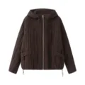 Brown hooded quilted zip jacket, casual loose outerwear detail view for women. - M / Coffee