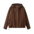 Detail shot of women's brown hooded padded jacket featuring front zipper and quilted texture. - Dark Brown
