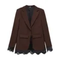 Γυναικείο καφέ σακάκι blazer με μαύρη δαντέλα κομψό μακρυμάνικο για γραφείο - XS / Καφέ