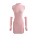 Pink ribbed knit mock neck mini dress detail with matching arm warmers for a chic style. - One Size / Bodycon Style / Pink