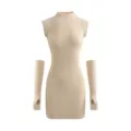 Ribbed knit sleeveless mini dress detail view with matching arm sleeves for stylish look. - One Size / Bodycon Style / Apricot
