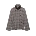 Women's plaid double-breasted jacket with brown velvet stand collar and waist strap details. - XS / Printed