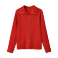 Red long sleeve knit cardigan for women, stylish lapel collar with chic button details. - S / Tops / Red