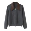 Stylish women contrast leather collar knitted cardigan zip up long sleeve gray jacket coat - M / Gray