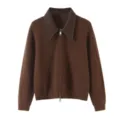 Brown knit cardigan featuring a contrast faux leather lapel collar and front zip closure. - M / Coffee