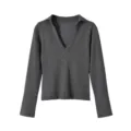 Pull-over en tricot à manches longues et col V gris foncé, design uni élégant. - S / Hauts / Gris
