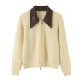 Women contrast leather collar knitted cardigan zip up long sleeve casual daily chic outerwear tops - Light Yellow