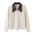 Women contrast leather collar zip knit cardigan fashion daily commute elegant casual outerwear - M / White
