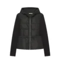 Zwarte gewatteerde damesjack met capuchon, stijlvolle winterjas in patchwork-stijl met rits. - XS / Zwart