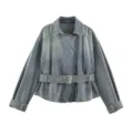 Dames denim jas casual revers lange mouw bovenkleding met tailleceintuur stijlvolle streetwear. - XS / Tops / Blauw