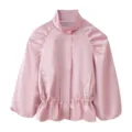 Rosa Satin Langarm Plissee Jacke Detail, elegantes Stehkragen und Taschendesign. - S / Oberteile / Rosa