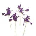 Halloween purple glitter witch cupcake toppers 4-piece set with wooden sticks for party. - Purple