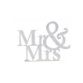 Silver glitter Mr & Mrs cake topper detail showcasing sparkling wedding dessert decoration. - Silver