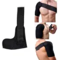 Detail view of black adjustable shoulder support brace with elastic straps for sports protection. - One Size / Black