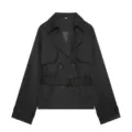 Women short black double breasted lapel trench coat utility jacket fashion outerwear. - S / Black