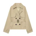 Women short double-breasted trench coat with belt lapel collar stylish khaki outerwear - S / Khaki