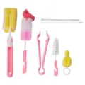 Baby bottle brush 7-piece set detail view, cleaning sponge bristle and straw tool - 7-Piece Set / Pink