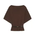 Detail of the solid color knit top with boat neck, batwing sleeves and stylish belt. - S / Tops / Coffee