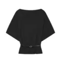 Detail view of women solid color knit top featuring batwing sleeves and elegant waist belt. - S / Tops / Black