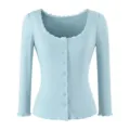 Light blue long sleeve ribbed knit cardigan top with delicate lace trim and button detail. - S / Tops / Light Blue