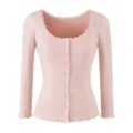 Stylish pink ribbed knit long sleeve button cardigan with elegant lace trim. - S / Tops / Soft Mist Pink