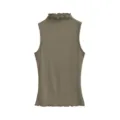 Ärmelloses Ripp-Tanktop mit Stehkragen für Damen, schicker Wellensaum in Khaki, Detailansicht. - S / Oberteile / Grau Khaki