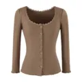 Women brown ribbed long sleeve knit cardigan lace trim button up casual top for spring wear - S / Tops / Mocha