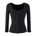 Black ribbed knitted cardigan with scoop neck and delicate lace trim, long sleeve slim fit top. - S / Tops / Black