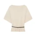 Beige Womens Knit Short Sleeve Top with Slim Belt Casual Elegant Pullover Blouse - S / Tops / Beige