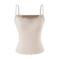 Elegant beige ribbed camisole top featuring delicate lace V-neck trim and adjustable straps. - S / Tops / Oatmeal