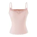 Pink ribbed knit camisole top with lace V-neck and delicate adjustable straps for women. - S / Tops / Soft Mist Pink