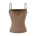 Brown ribbed knit camisole with delicate lace trim, adjustable straps, and lettuce edge detail. - S / Tops / Mocha