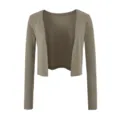 Einfarbiger langärmliger kurzer Strickjacke Shrug Detailansicht, bequeme weiche Alltagsmode. - S / Oberteile / Grau Khaki