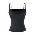 Black ribbed camisole top for women featuring delicate lace V-neck trim and adjustable straps. - S / Tops / Black