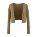 Khaki kurze Langarm Strickjacke offene Vorderseite, einfarbige lässige Streetwear. - S / Oberteile / Kaffeegrün