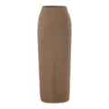 Brown ribbed knit maxi skirt detail, high waist bodycon design, elegant knitwear close-up. - S / Bottoms / Mocha
