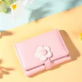 Pink PU leather short trifold women wallet with cute flower snap closure, multi card slots. - Pink