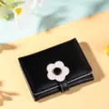 Cute floral short tri-fold women wallet, stylish PU leather card holder purse in black. - Black