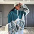 Women winter fleece jacket casual loose mountain print zip up cardigan outerwear top - Snow Mountain Pine