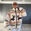 Women autumn winter fashion fleece zip up cardigan jacket casual loose printed outerwear top - S / Tops / Christmas Deer Geometric