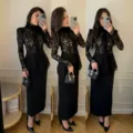 Black lace long sleeve blouse and skirt set, elegant slim fit autumn women fashion apparel. - S / Tops / Black